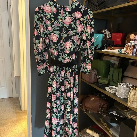 Vintage Lanz Originals Black Floral Dress Puff Sleeves 1980s Pristine Pockets - Picture 2 of 8